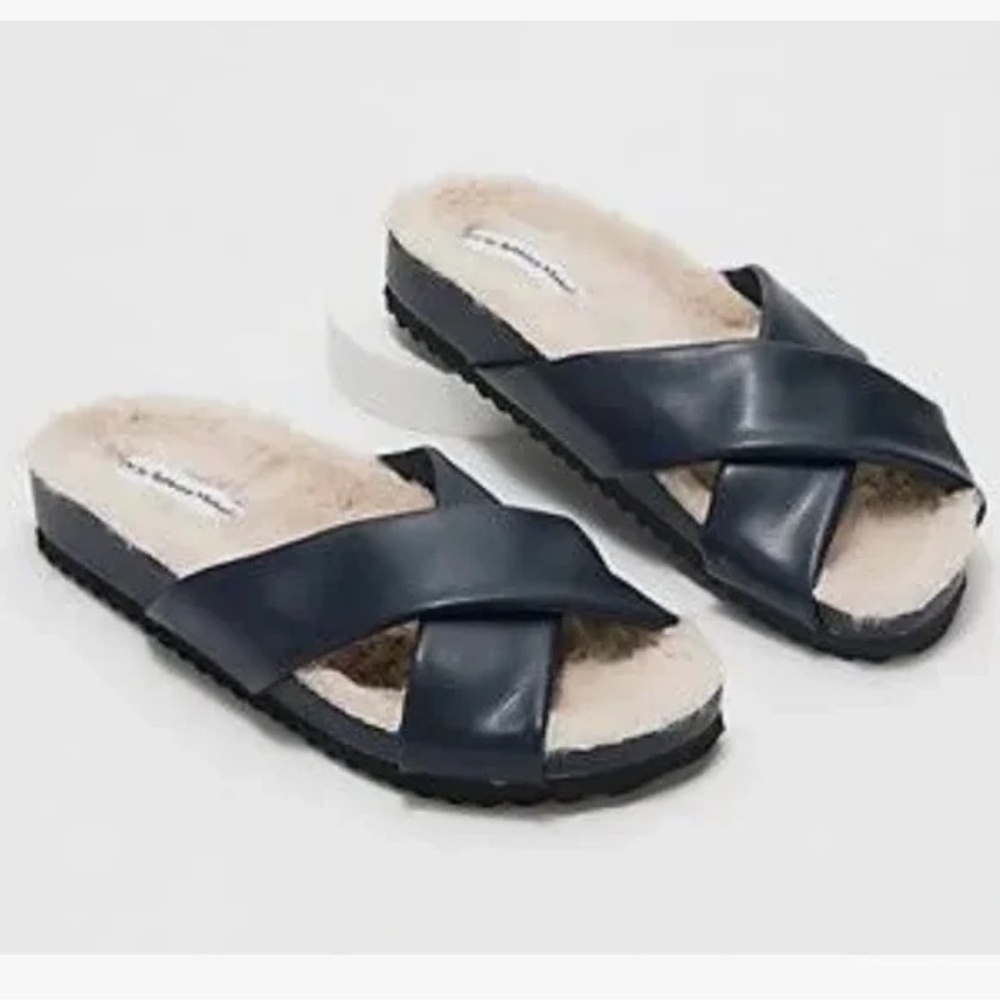 RM Rebecca Minkoff Women's Size 9 M Slide Leather Slipper Black Faux Fur Lining